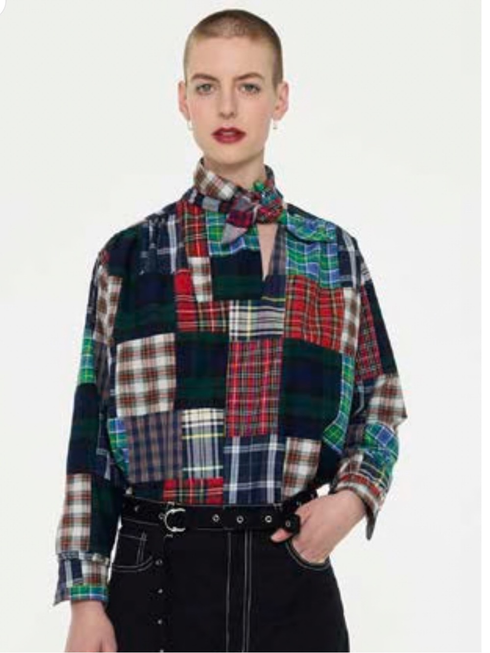 Anthropologie Patchwork Tartan Tie Neck Blouse - NWT!